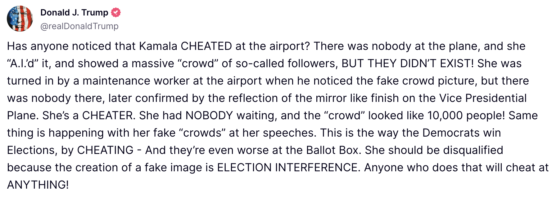 Post by Donald J. Trump on truth social accusing Kamala Harris and the Democrats of using fake crowds and cheating in elections