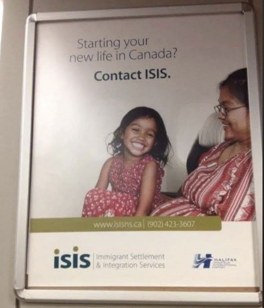 A woman and a smiling child are featured in an ad for Immigrant Settlement &amp;amp; Integration Services in Canada. The text says, &quot;Starting your new life in Canada? Contact ISIS.&quot;