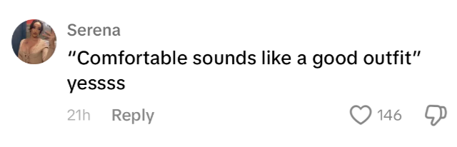 Serena's comment reads: "Comfortable sounds like a good outfit yessss"