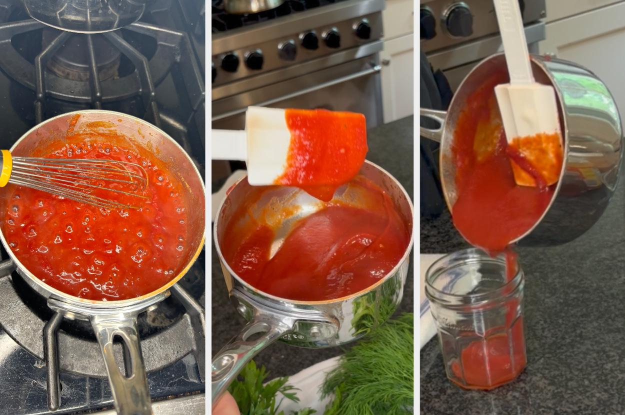 Three photos show ketchup being made: whisked in a pot, scraped with a spatula, and then poured into a glass jar