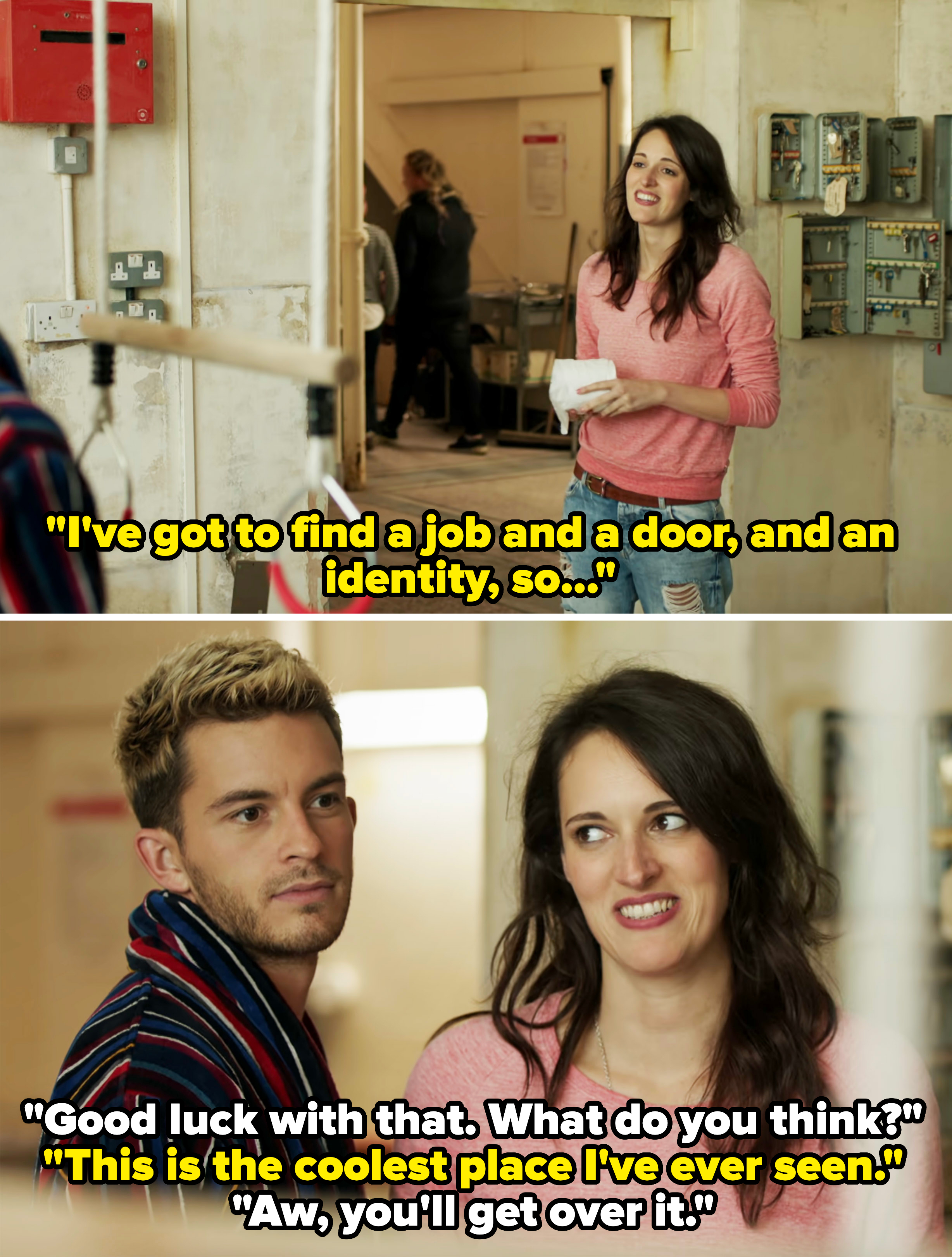 Phoebe Waller-Bridge and Jonathan Bailey in a scene from "Crashing" where Phoebe as Lulu jokes she needs to find a job, a door, and an identity