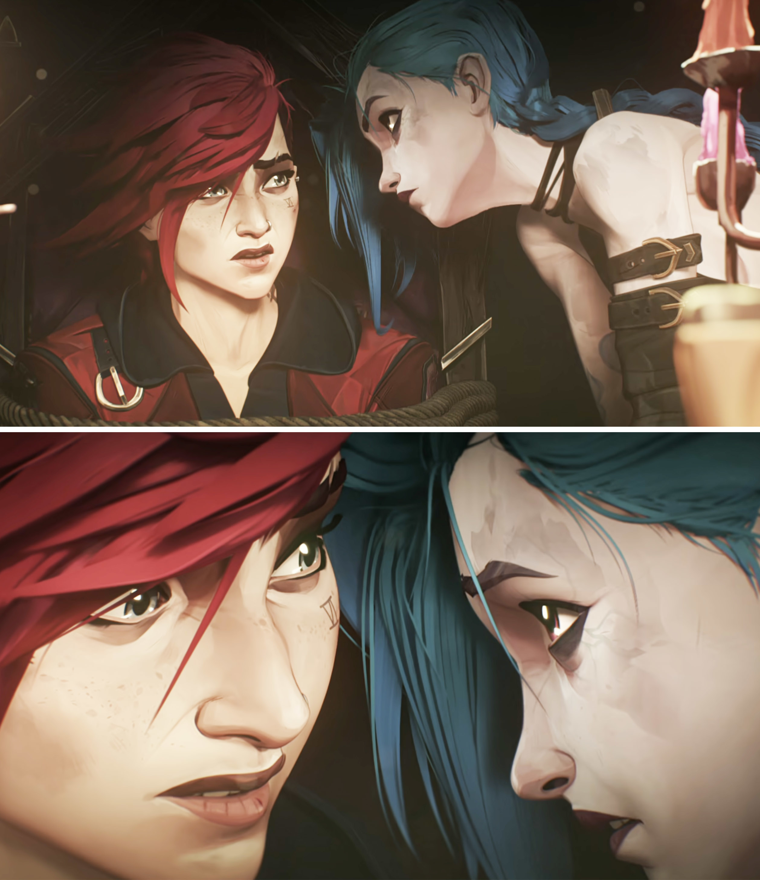 Animated characters Vi and Jinx from Arcane in two close-up scenes, both looking intense, depicting a dramatic interaction