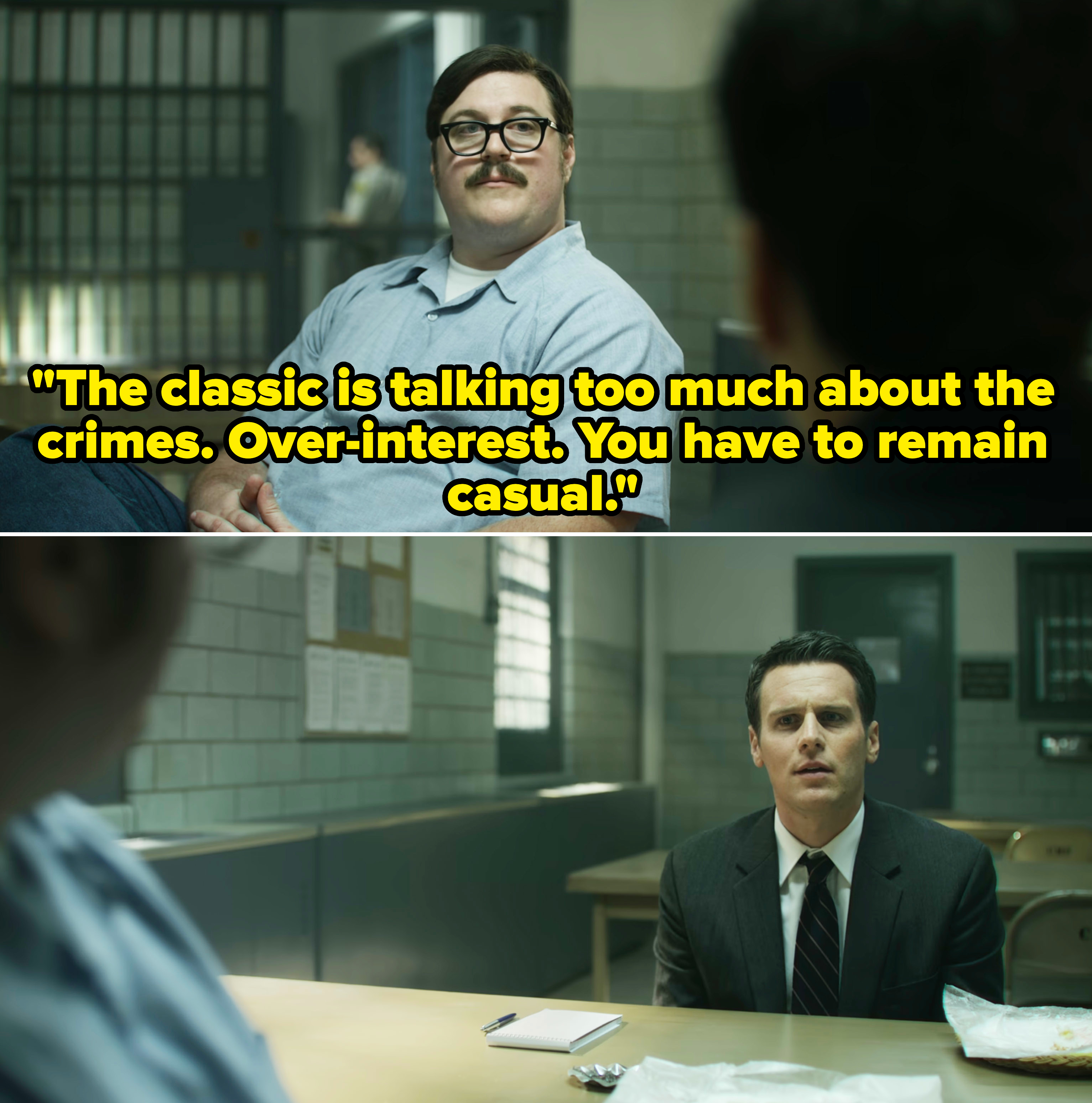 A scene from the TV show "Mindhunter" shows Ed Kemper in a prison meeting room, talking to FBI agent Holden Ford, seated across the table from him