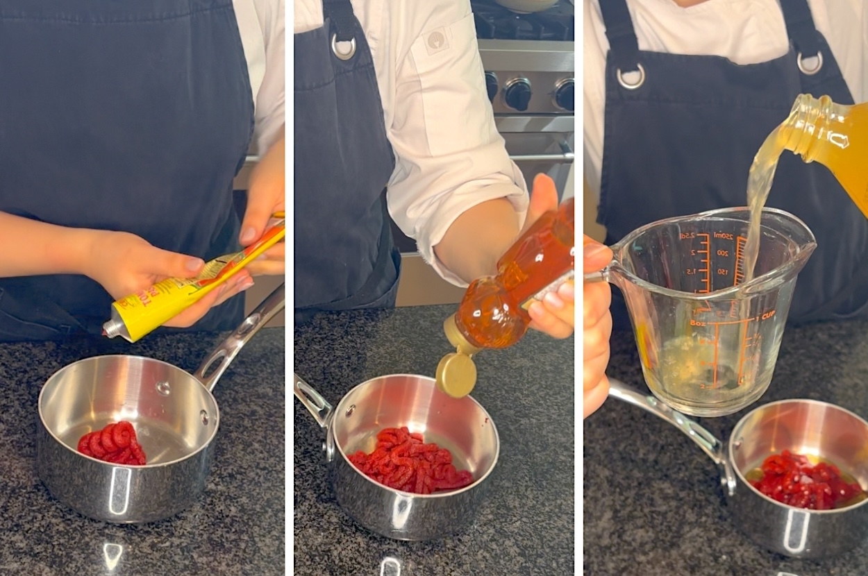 Three-photo compilation showing a person squeezing tomato paste into a saucepan, adding honey, and then pouring liquid from a measuring cup into the saucepan