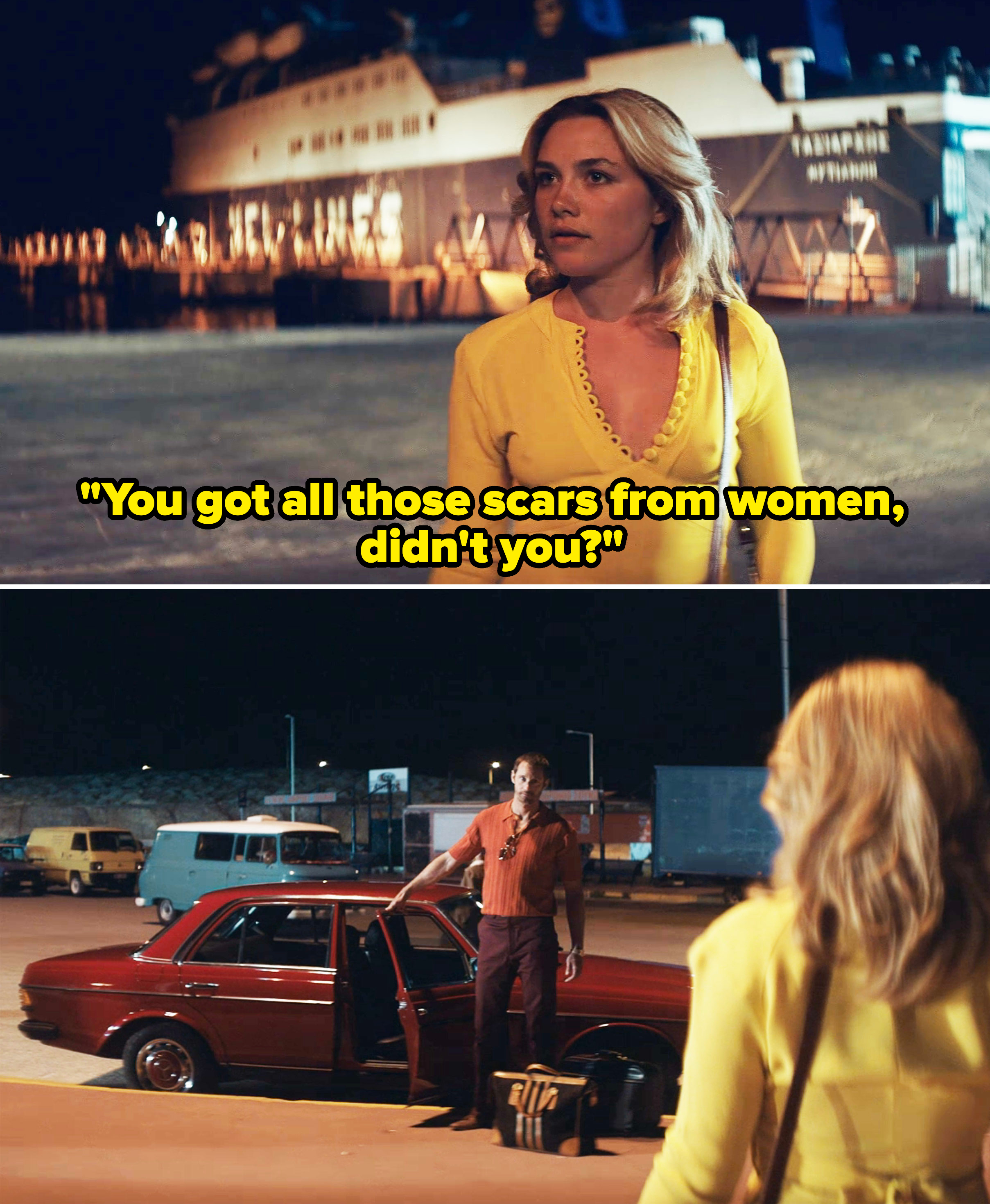 Florence Pugh in a scene from "The Little Drummer Girl," as she tells Alexander Skarsgård's character, "You got all those scars from women, didn't you?"