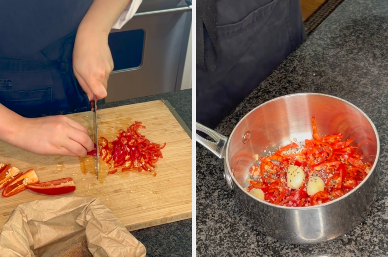 Two images of the author making hot sauce, chopping Fresno chili peppers, and a pot with the peppers, garlic and black peppercorns