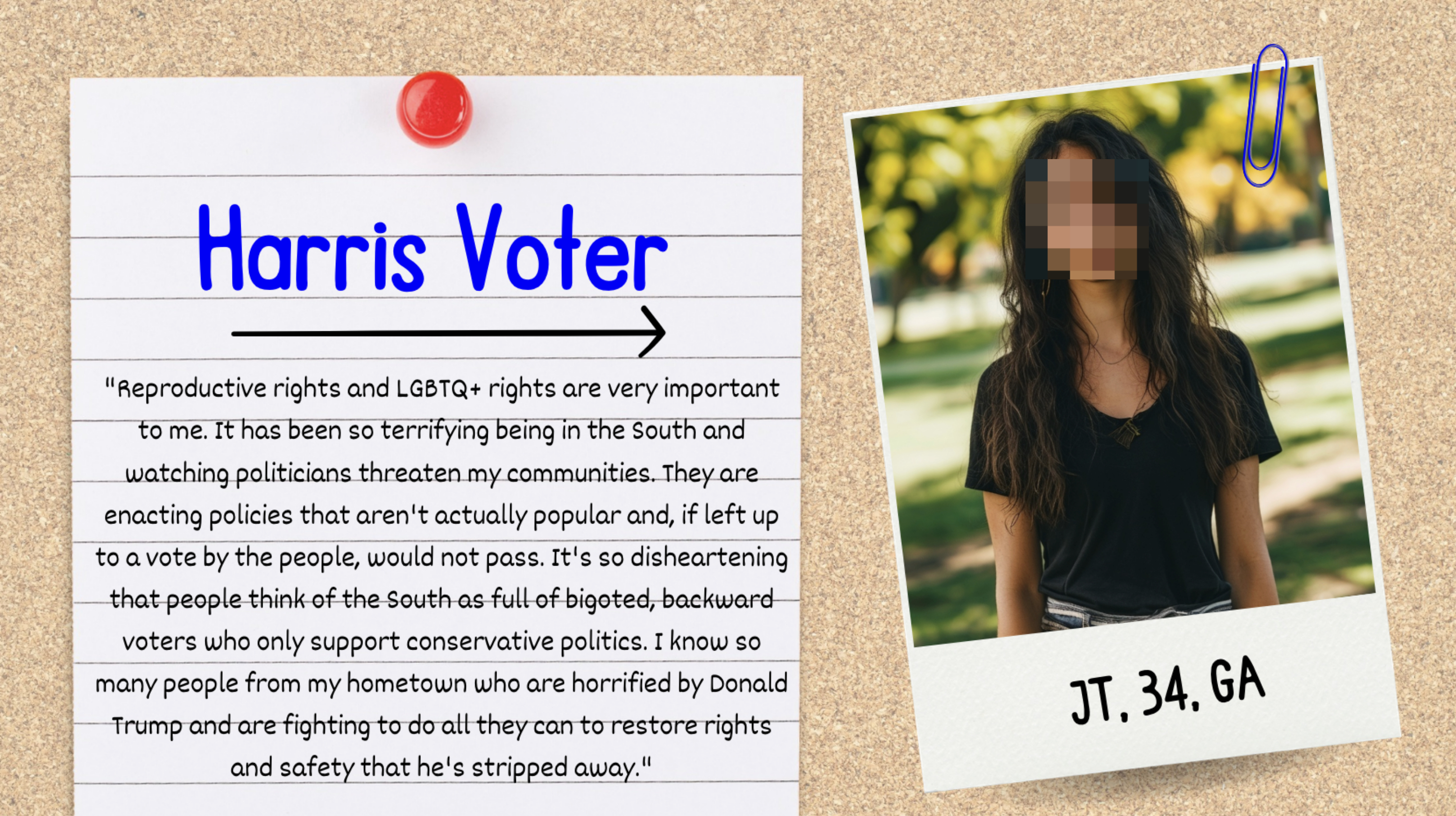 Photo of JT, 34, GA. JT expresses concern over reproductive rights and LGBTQ+ rights in the South, feeling disheartened by local politics and Trump supporters
