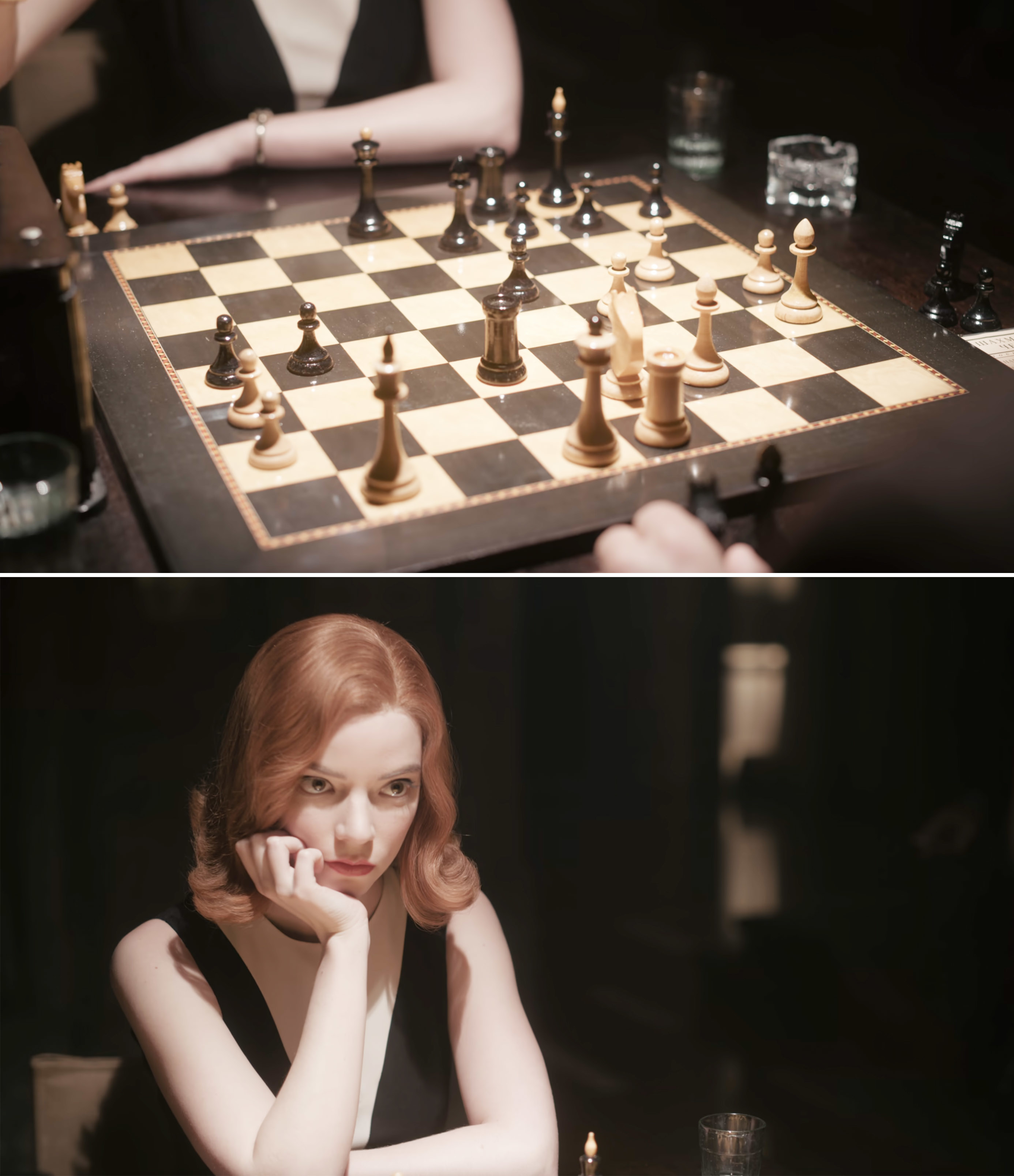 Anya Taylor-Joy as Beth Harmon in "The Queen's Gambit" playing chess, focused on the board with a hand resting on her chin
