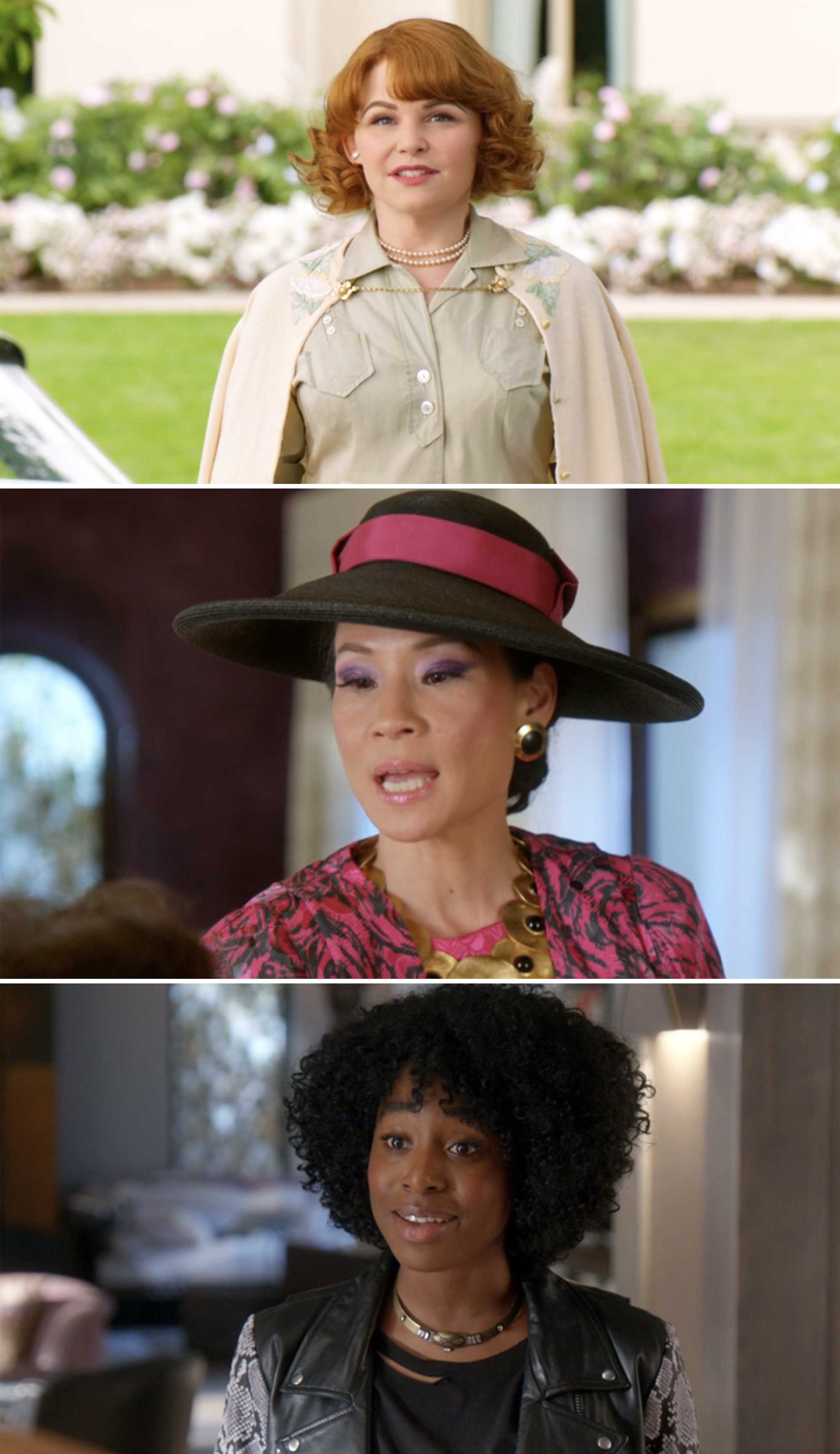 Three scenes featuring Ginnifer Goodwin, Lucy Liu, and Kirby Howell-Baptiste, all dress up, in "Why Women Kill"