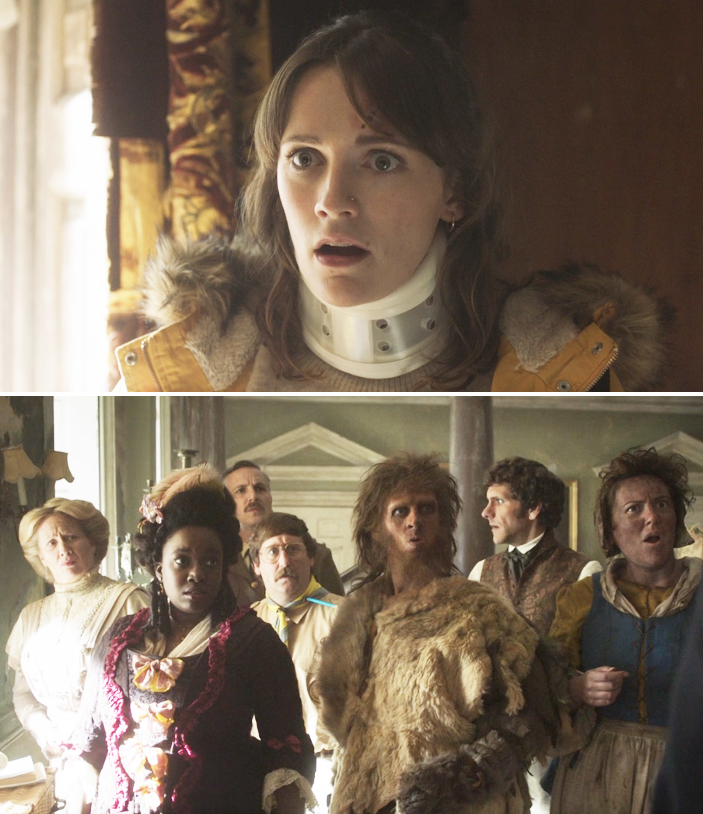 A scene from "Ghosts" where Alison looks stunned, and a group of various different ghosts stand in a hallway