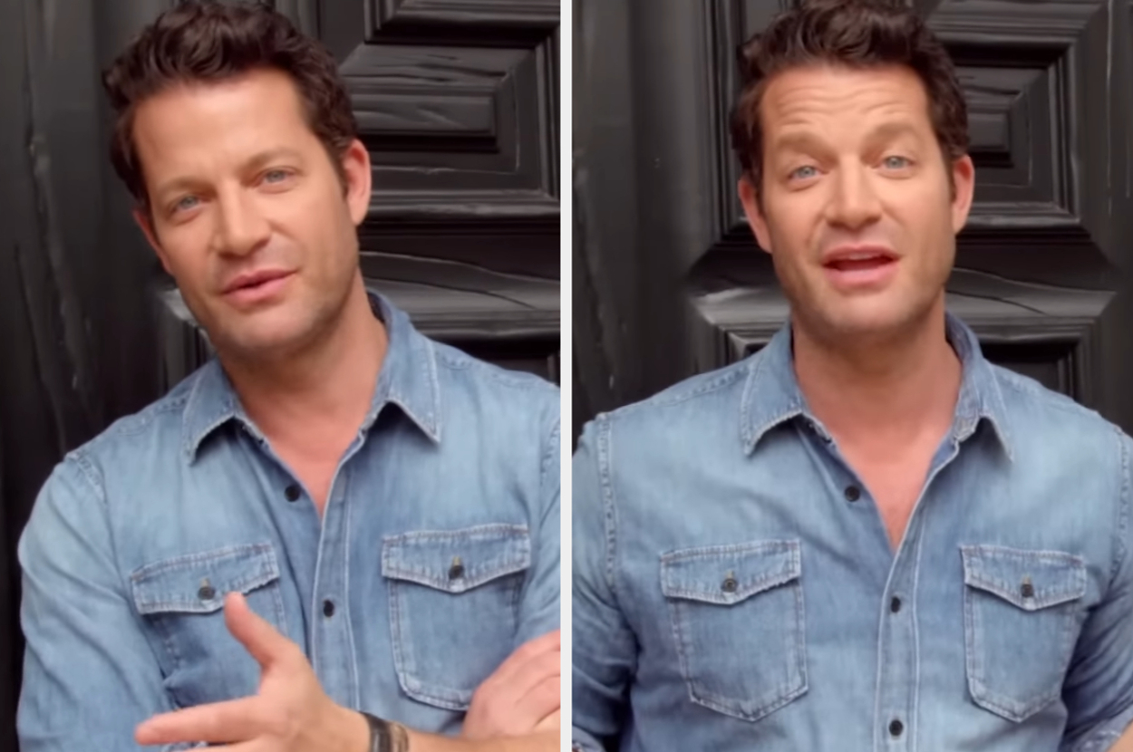 Nate Berkus in two side-by-side images wearing a casual denim shirt, gesturing with his hands and speaking, against a dark background