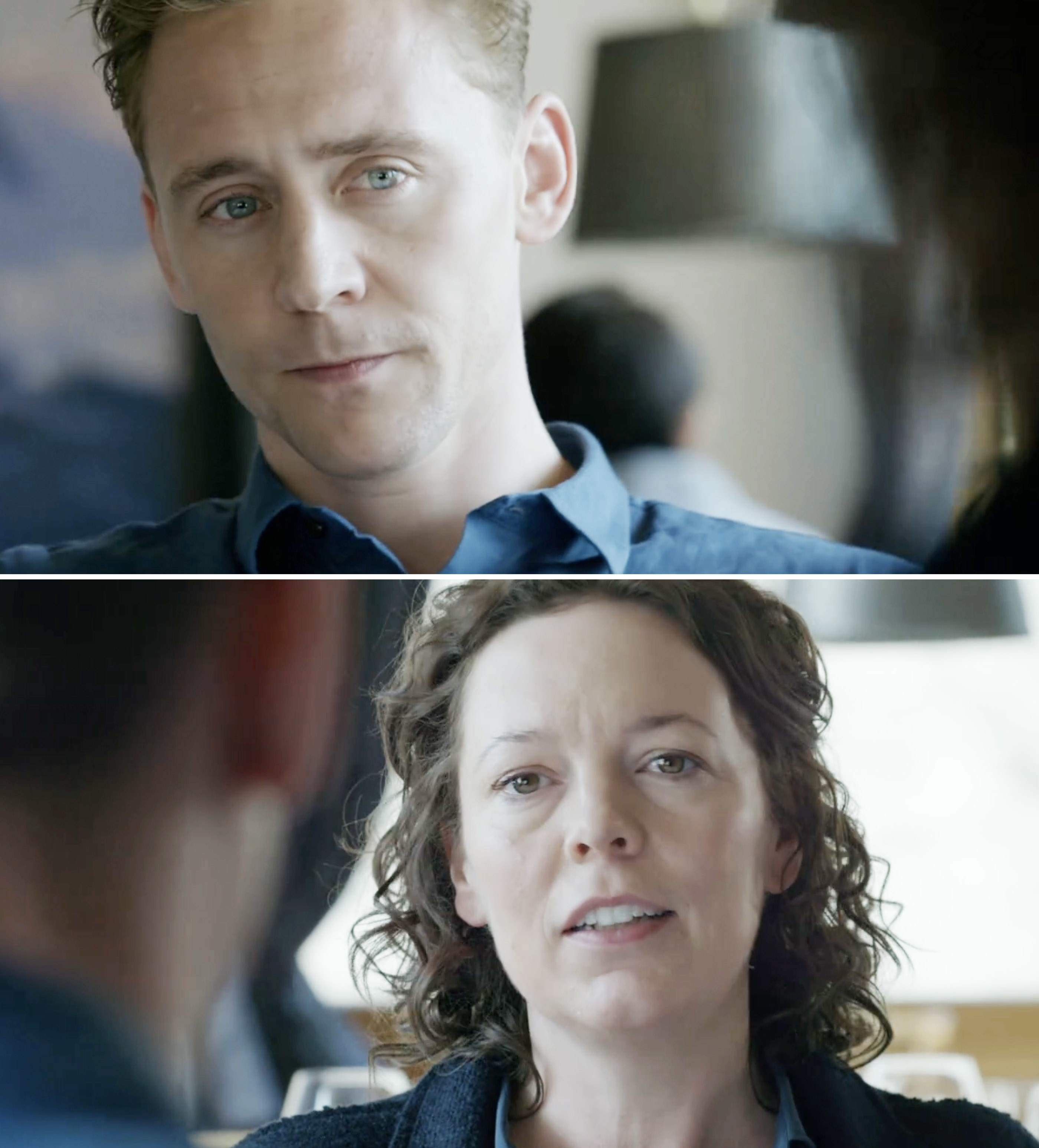Tom Hiddleston and Olivia Colman in a scene from "The Night Manager," seated and engaged in conversation
