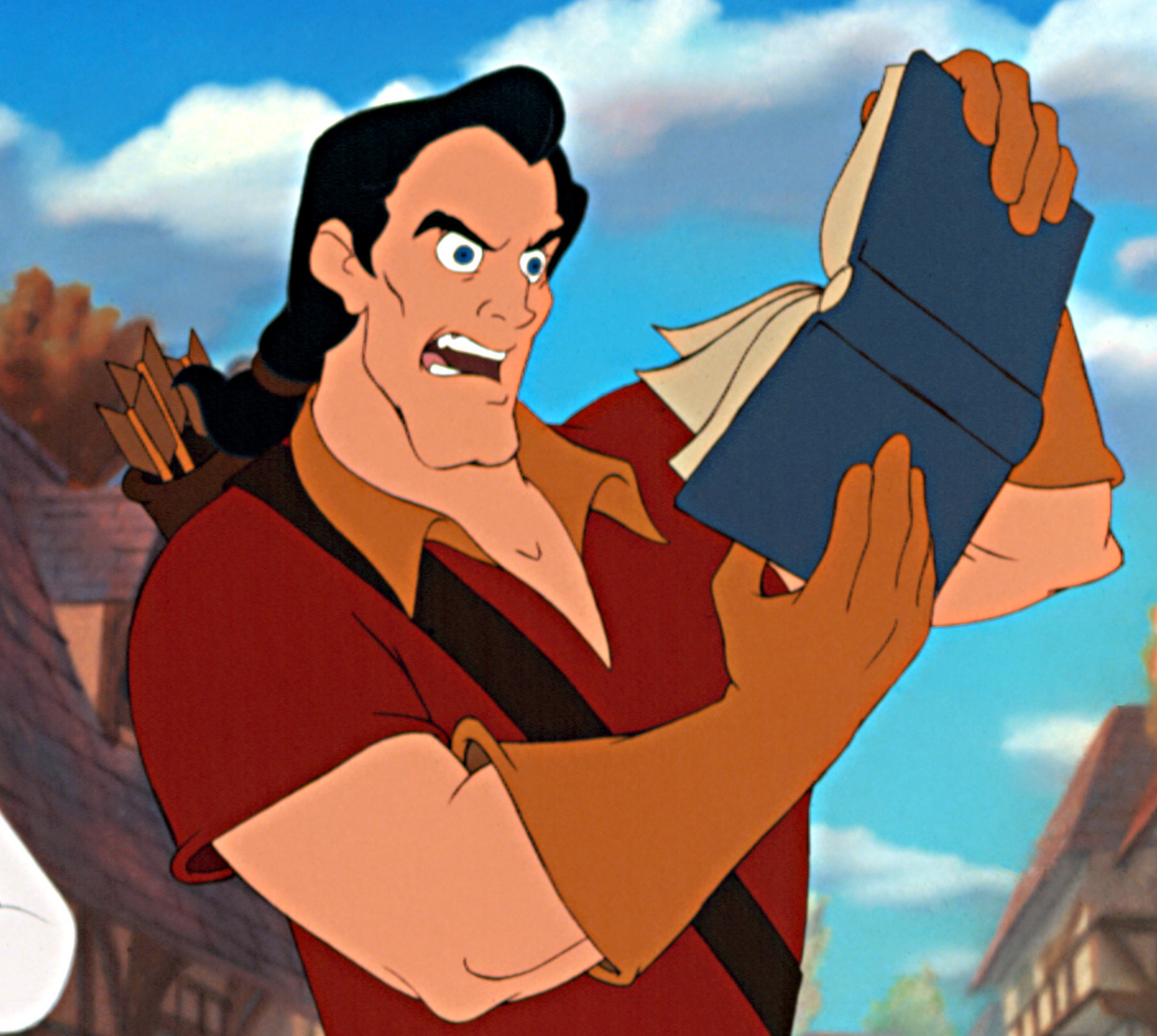 Gaston from Beauty and the Beast angrily holding and looking at an open book outdoors in a village setting