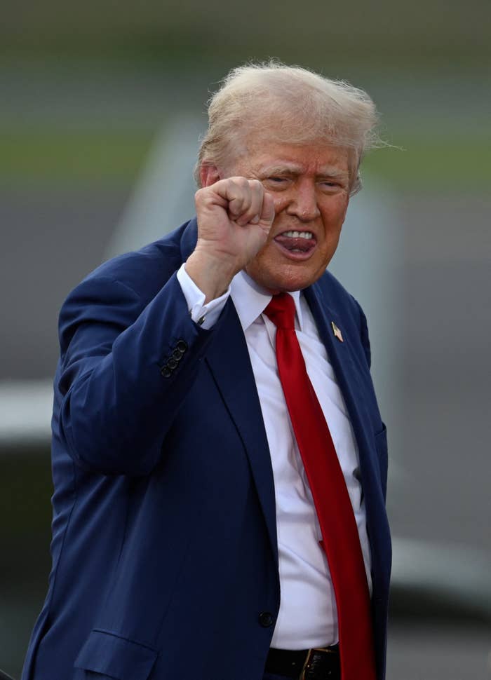 Donald Trump in a suit and tie, raising his clenched fist, outdoors