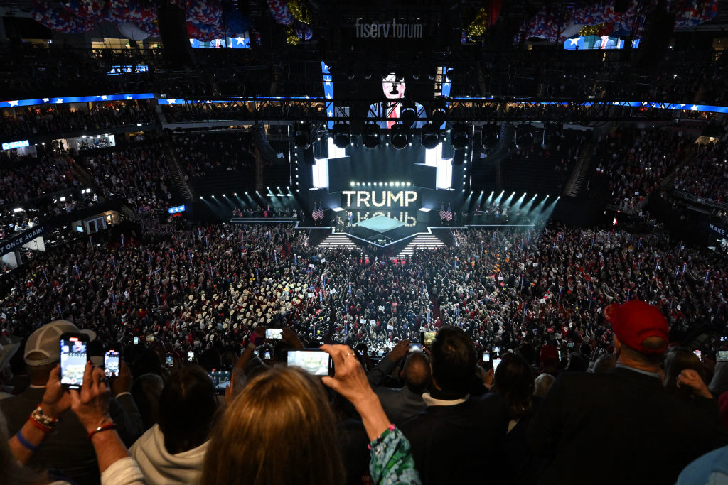 A crowd fills an indoor stadium at the Republican National Convention