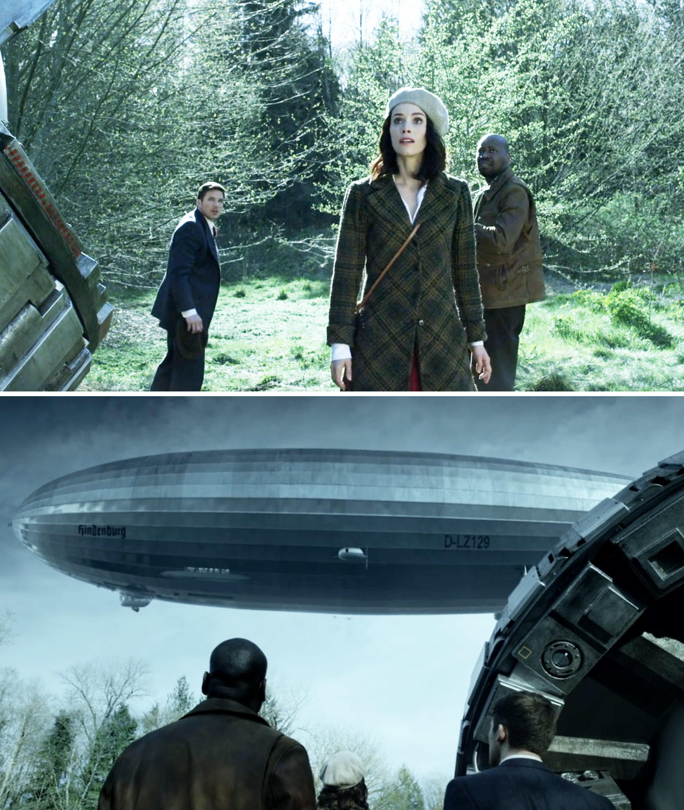 Abigail Spencer, Matt Lanter, and Malcolm Barrett in a scene from "Timeless," as they look up at the Hindenberg