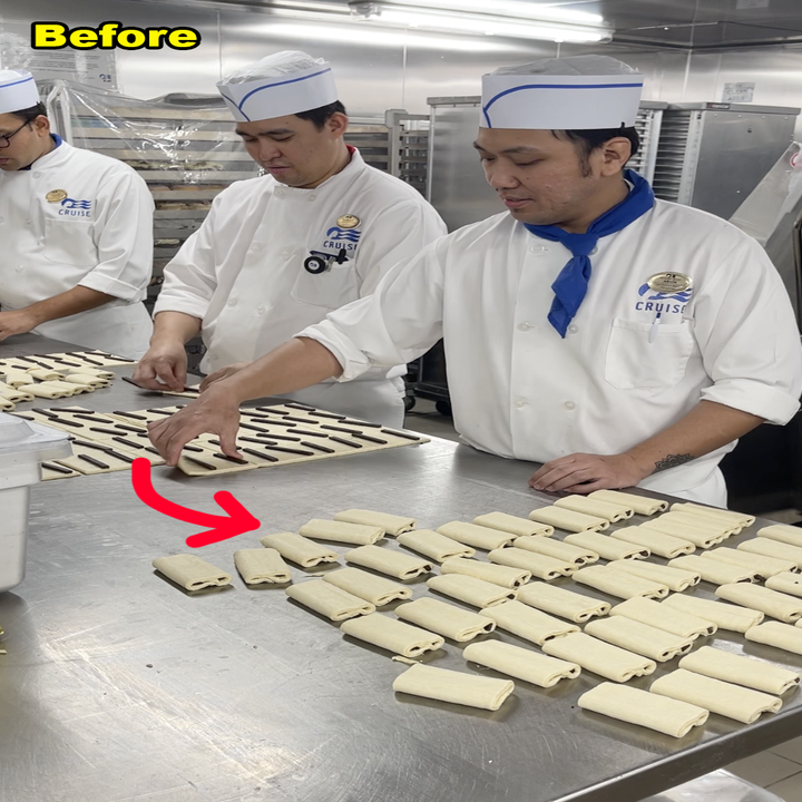 Three chefs in a kitchen preparing pastries, with a "Before" label in the top left