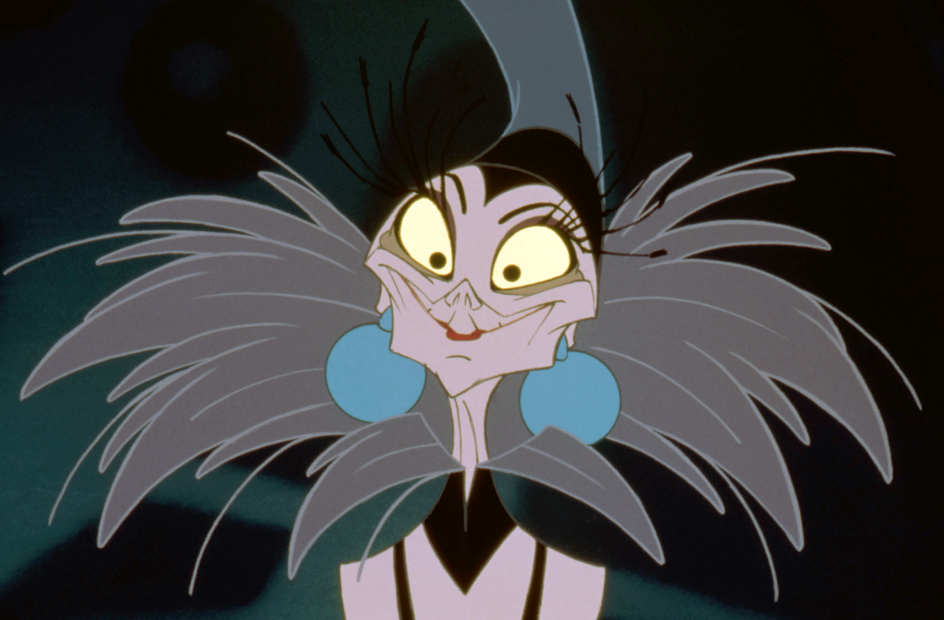 Yzma from "The Emperor's New Groove" with a mischievous expression, wearing a feathered collar and large blue earrings