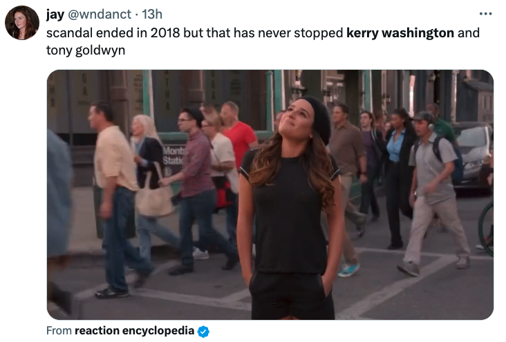 Kerry Washington in a casual outfit on a city street. Text: &quot;Scandal ended in 2018 but that has never stopped Kerry Washington and Tony Goldwyn.&quot;