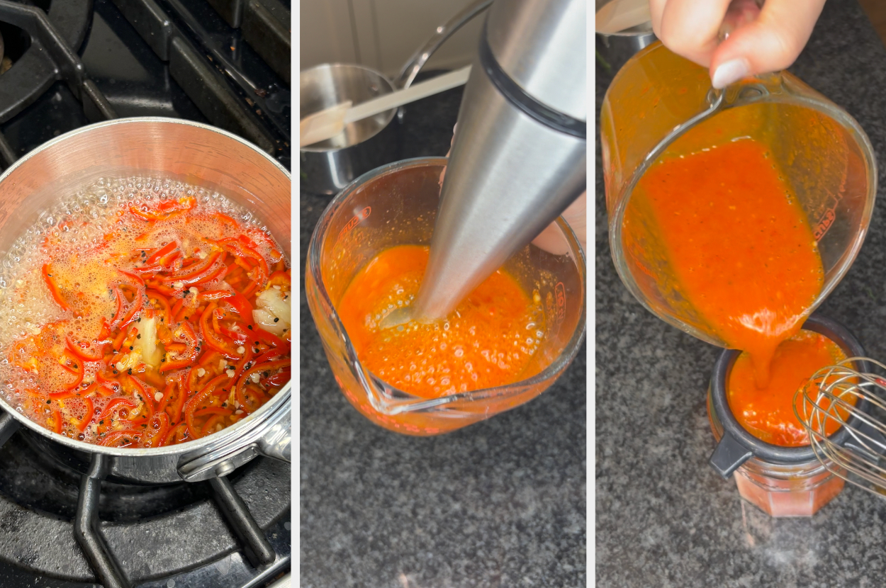 Three-step process for making hot sauce: boiling sliced red peppers and garlic, blending the cooked mixture, and pouring the blended hot sauce into a container