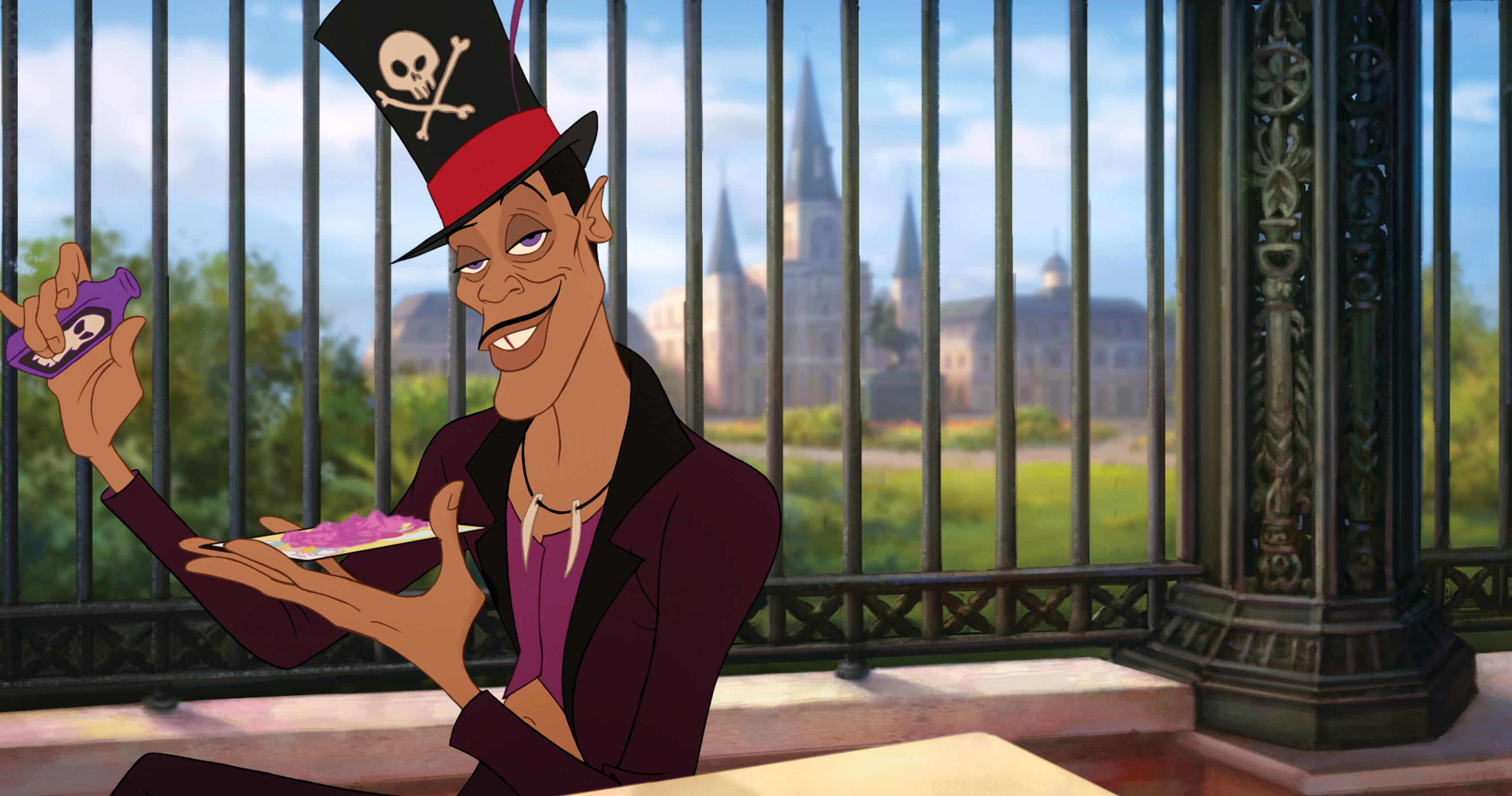 Dr. Facilier, from The Princess and the Frog, is holding playing cards, wearing a top hat with a skull and crossbones, and seated at a table against a backdrop of New Orleans