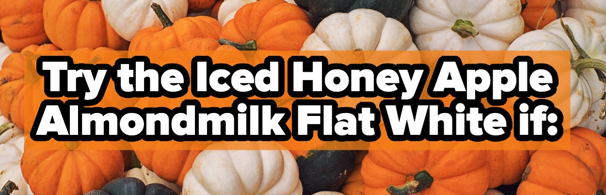 Assorted pumpkins with text "Try the Iced Honey Apple Almondmilk Flat White if:" at the top. Image promotes a seasonal coffee drink