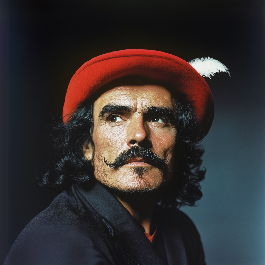 Man wearing a red hat with a white feather, with a prominent mustache, looking into the distance