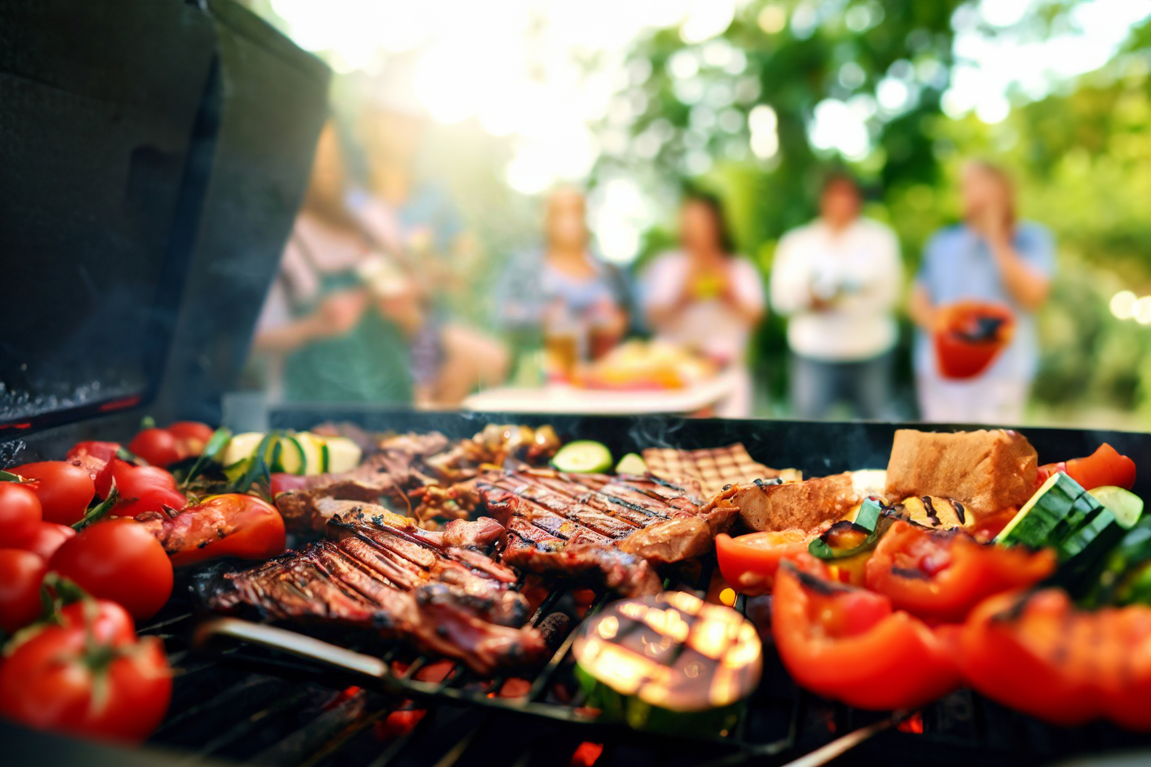 People having a barbecue outside, with a close-up of meat and vegetables on the grill