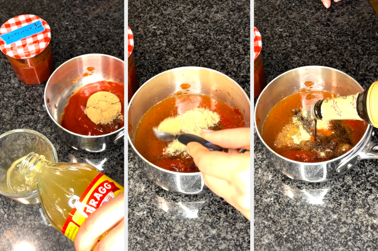 Three steps of preparing a barbecue sauce with ingredients including ketchup, vinegar, brown sugar, and spices being added to a pot