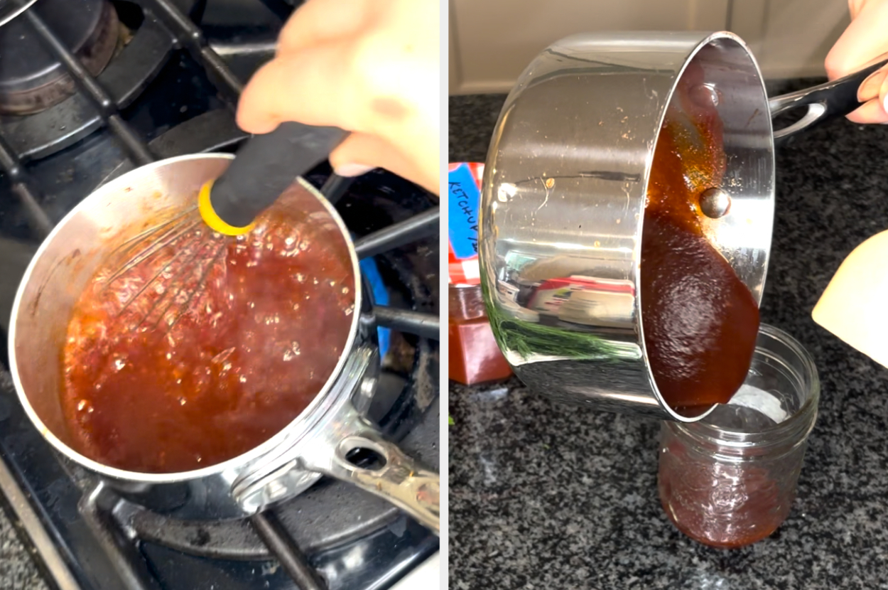 Someone cooking barbecue sauce on a stovetop, then pouring it into a jar