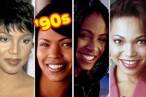From left to right: Toni Braxton, Nia Long, Jada Pinkett, and Tisha Campbell in the '90s, showcasing sleek hairstyles and radiant smiles