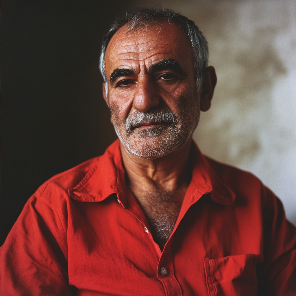 An older man with a serious expression looks directly at the camera. He has a full head of gray hair, a beard, and is wearing a collared shirt