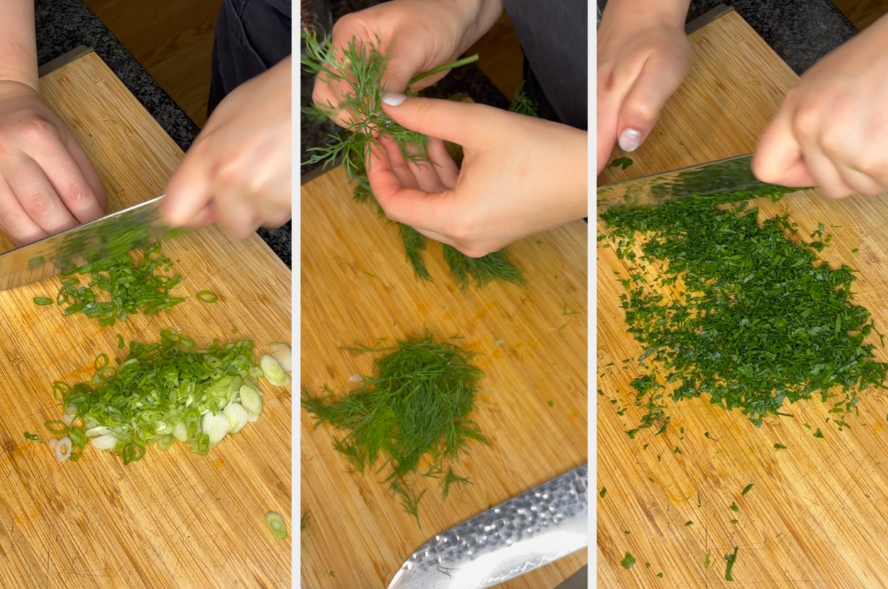 Someone chopping scallions, preparing fresh dill, and then chopping the dill on a wooden cutting board