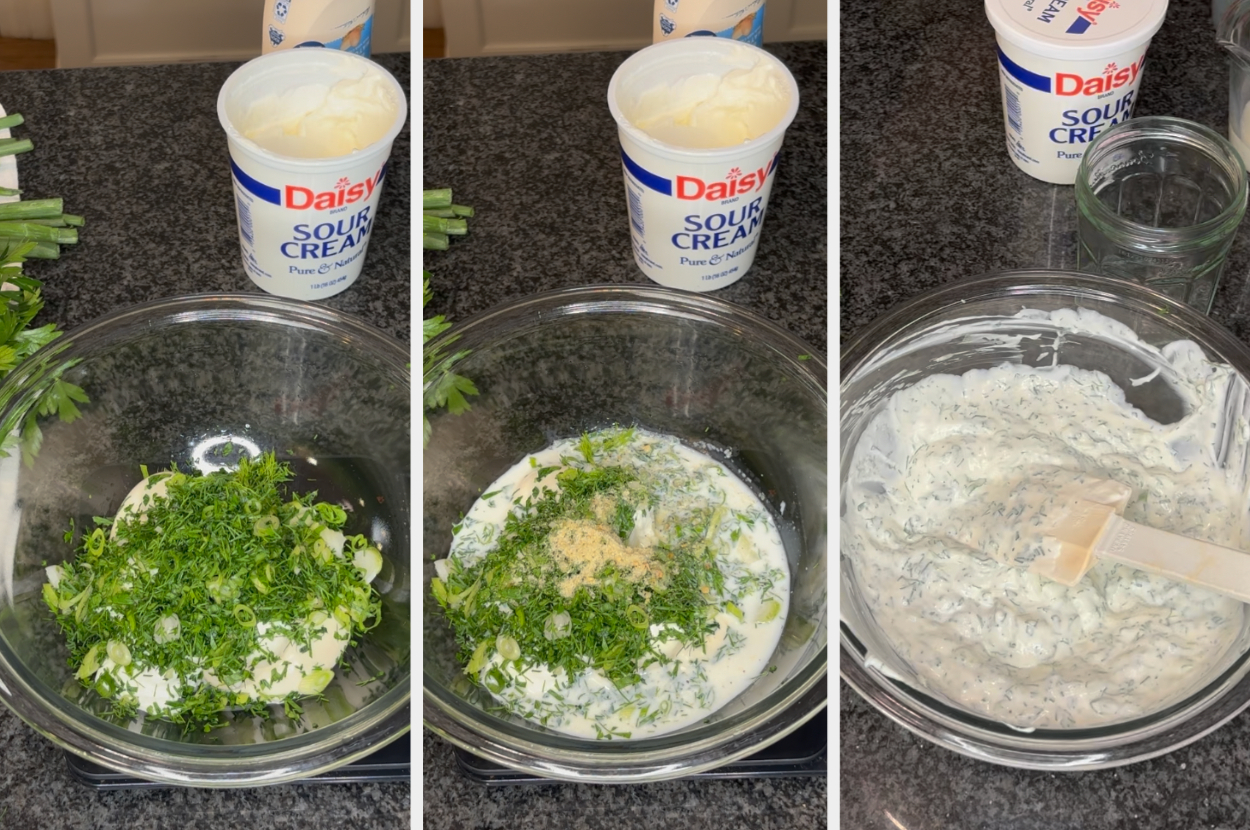 Three-step process of preparing a herb dip with chopped green onions, dill, and sour cream in a clear bowl on a kitchen counter