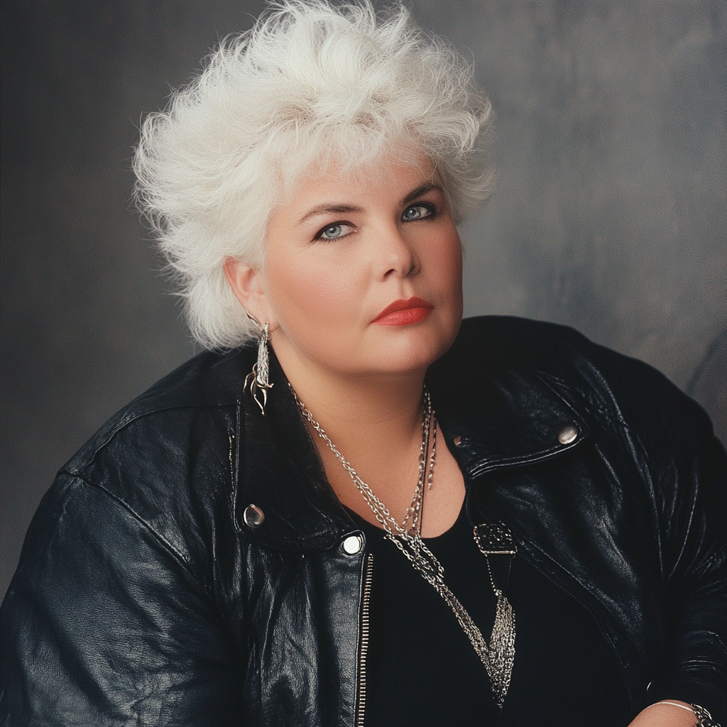 Wynonna Judd in a leather jacket, styled with layered necklaces and bold makeup