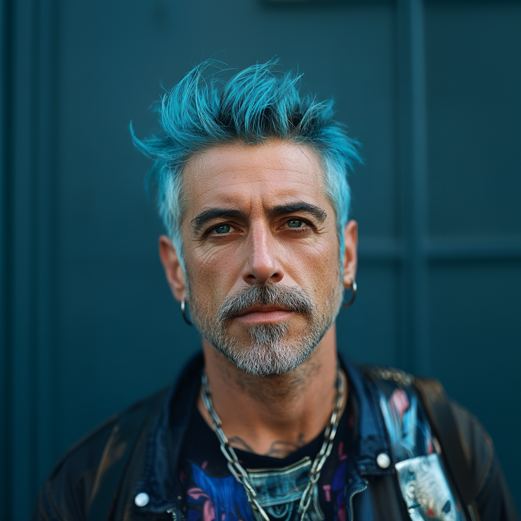I don't know who this is. The man has spiked blue hair, a beard, wearing a leather jacket with layered necklaces and earrings. He stands against a plain background