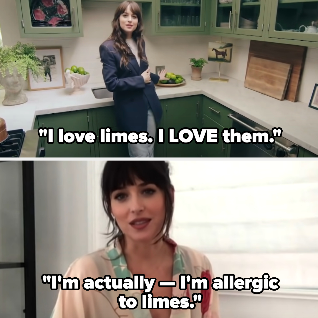 Dakota Johnson stands in a kitchen with a quote saying "I love limes. I LOVE them." In another scene, she says, "I'm actually — I'm allergic to limes."