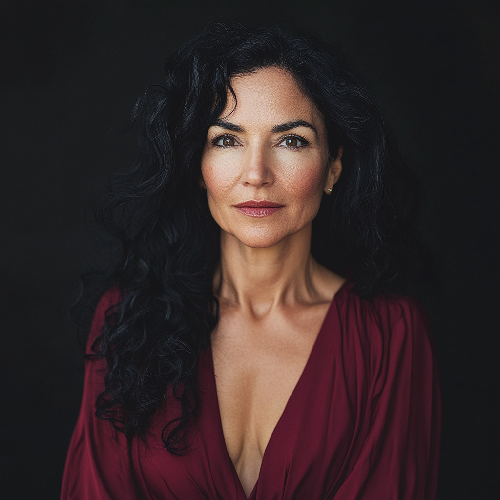 A woman with long, curly hair and a serious expression wears a deep V-neck, flowy dress