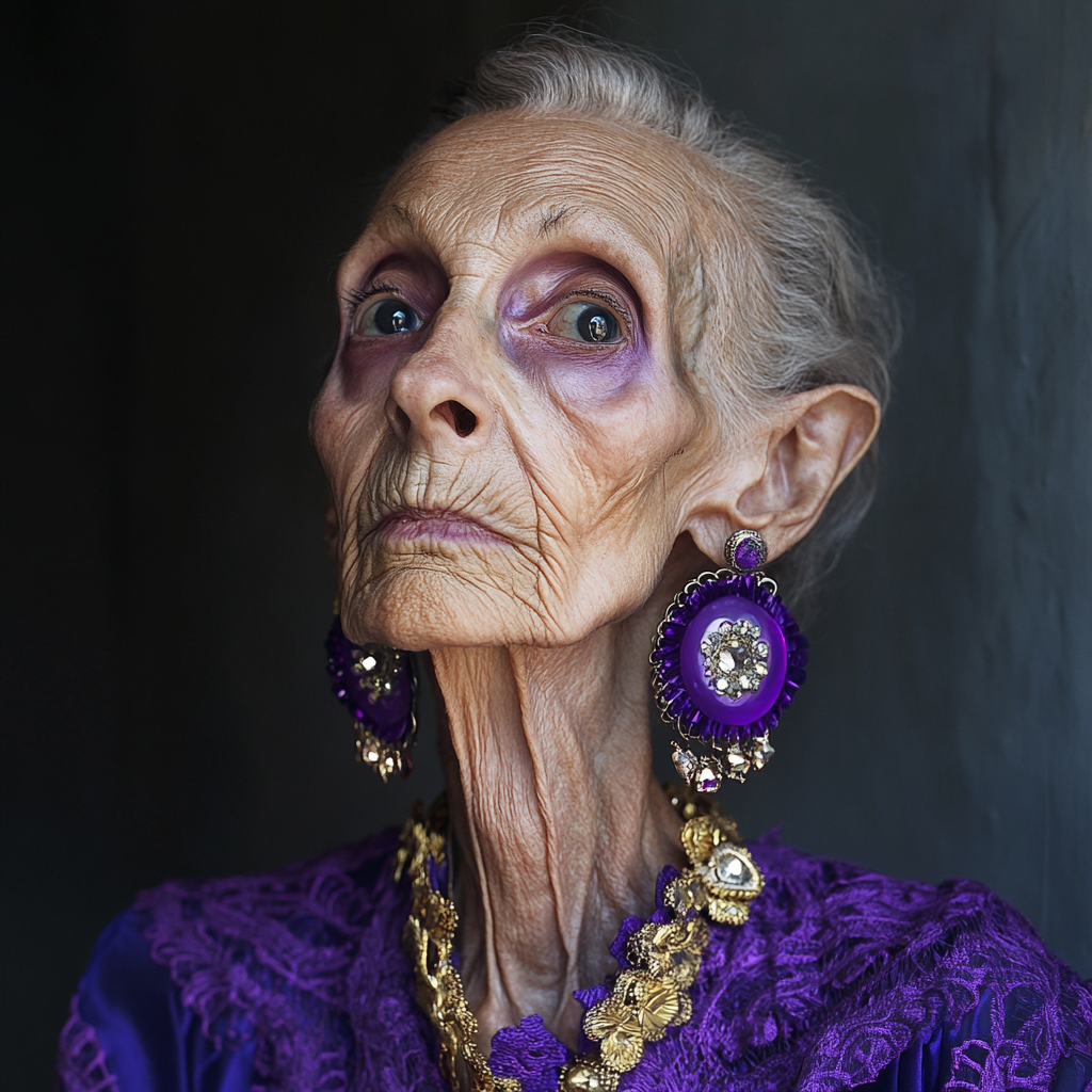 An elderly woman with deep-set eyes, wearing ornate purple earrings and a matching lace top, adorned with intricate jewelry, gazes intently forward