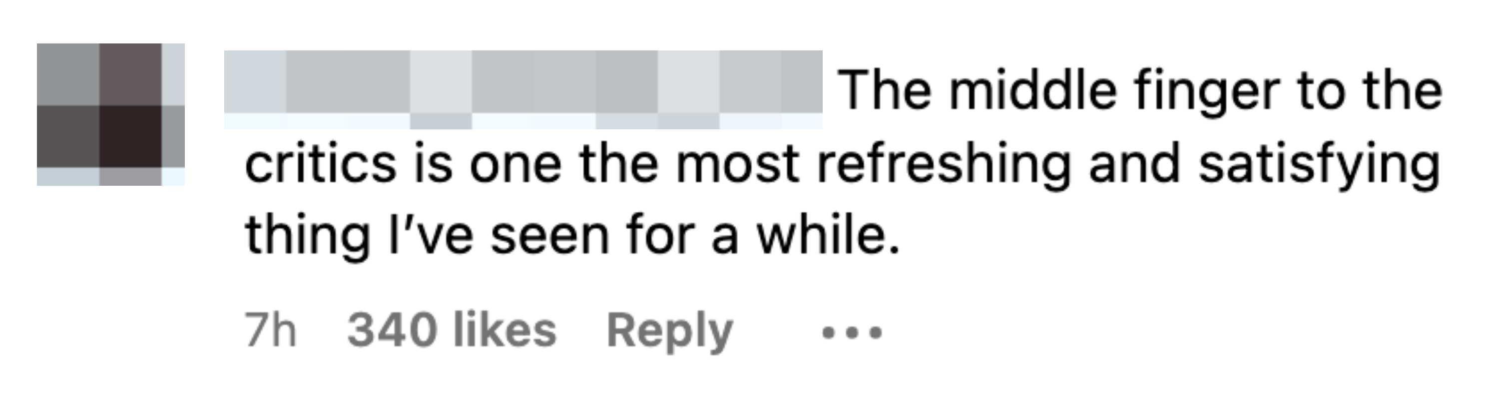 Instagram comment by user marco_menegon_mm: &quot;The middle finger to the critics is one of the most refreshing and satisfying things I've seen for a while.&quot; (340 likes)