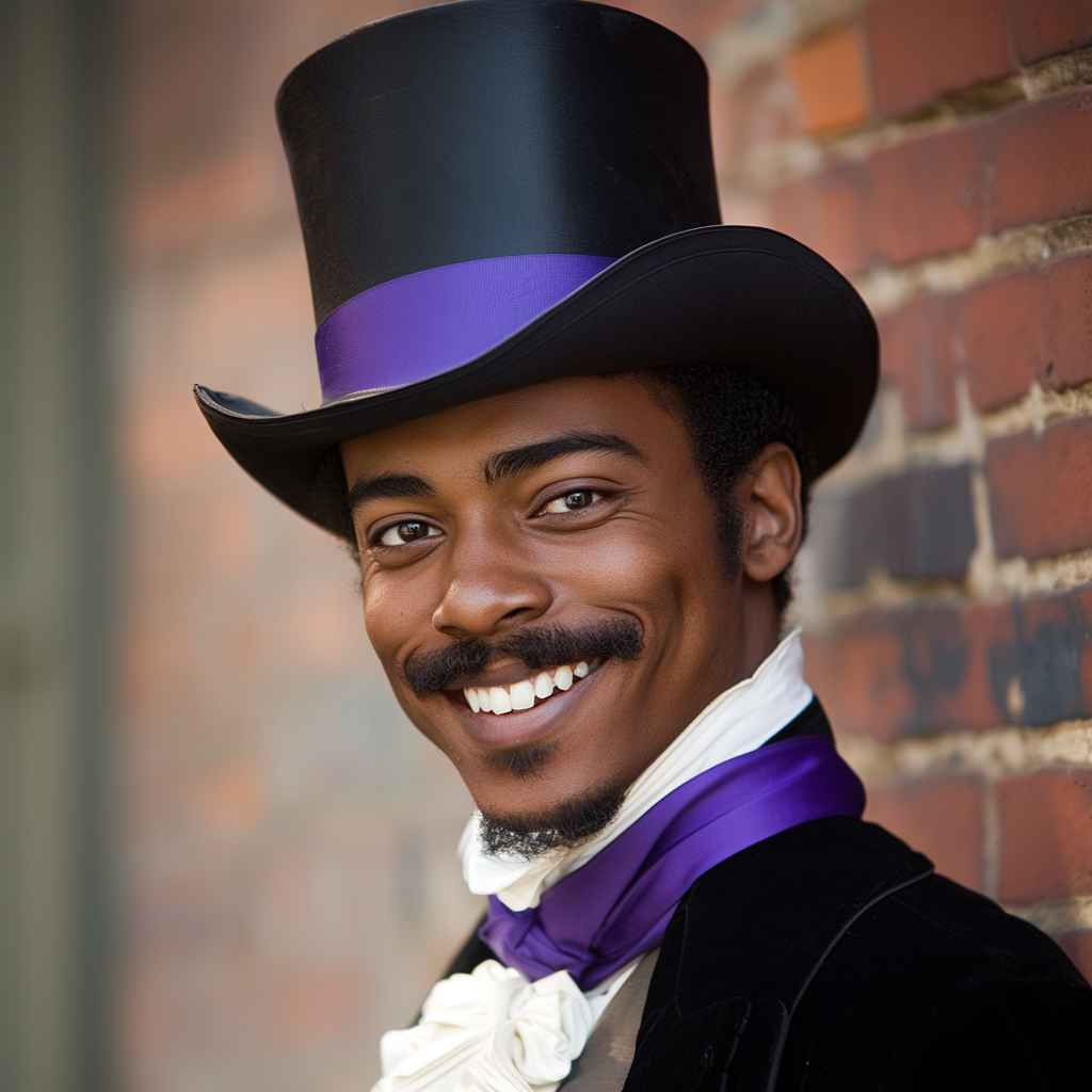 A man with a mustache dressed in a vintage outfit including a top hat and a cravat smiles warmly at the camera. He is standing against a brick wall