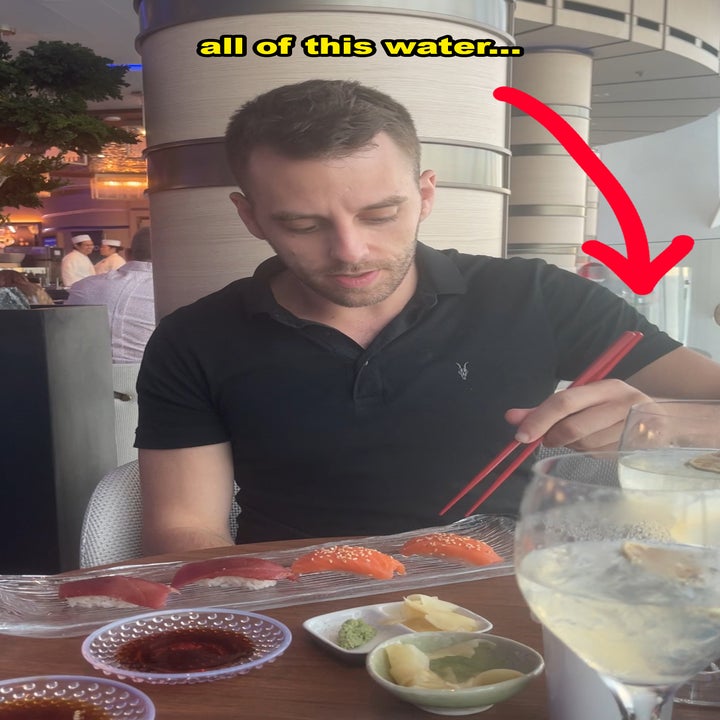 Man using chopsticks to eat sushi in a restaurant, text above him reads "all of this water...", with a red arrow pointing to a glass of water