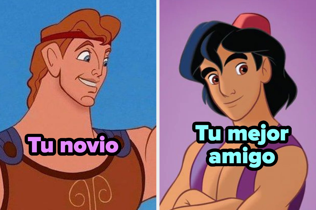 Hércules sonríe, de perfil, con la frase "Tu novio". Aladino de frente, sonriendo, con la frase "Tu mejor amigo"