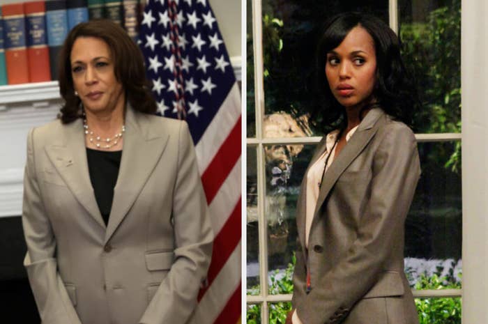 Kamala Harris and Kerry Washington, both wearing blazers, stand in front of American flag and a window view respectively