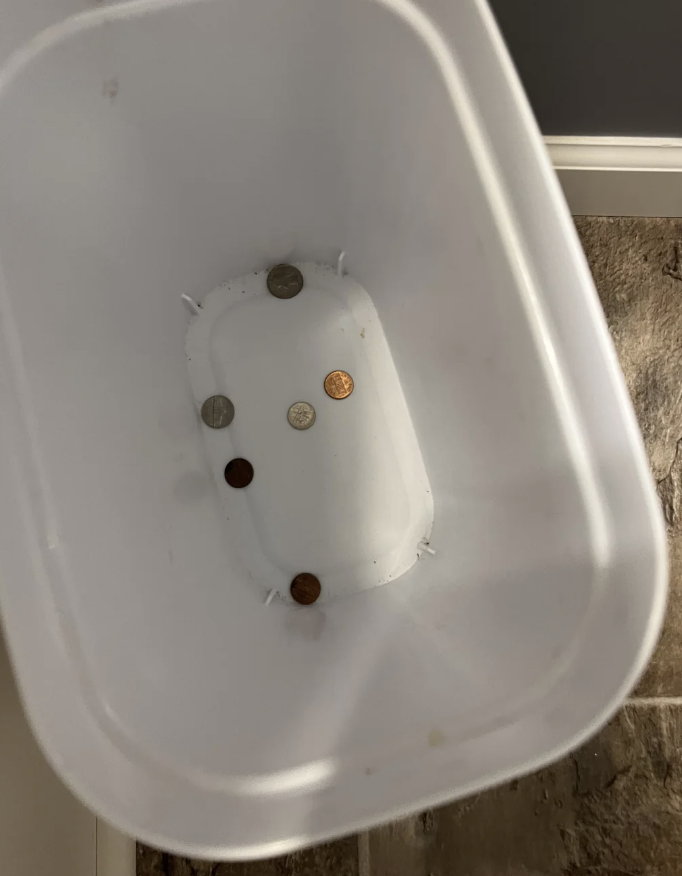 A waste bin with several coins at the bottom, including quarters, dimes, and pennies, resting on a tiled floor
