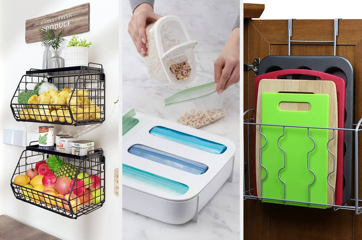 Organized kitchen shelves with various spices and seasonings on the left; on the right, hands are organizing cereals into a container with three sections
