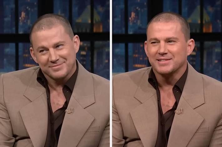 Channing Tatum is seen smiling in a split image wearing a beige suit and dark shirt during an interview on a talk show