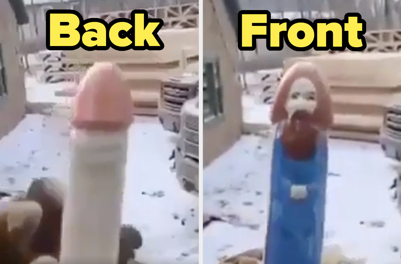 The image shows two handcrafted wooden figures, one resembling a cartoonish face and the other appearing phallic. The left figure is captioned "Back" and the right "Front."