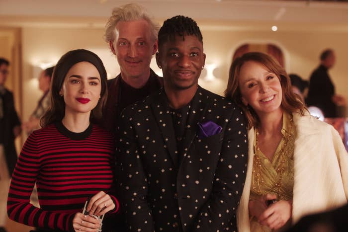 Lily Collins, Bruno Gouery, Samuel Arnold, and Philippine Leroy-Beaulieu standing together in &quot;Emily in Paris&quot; Season 4
