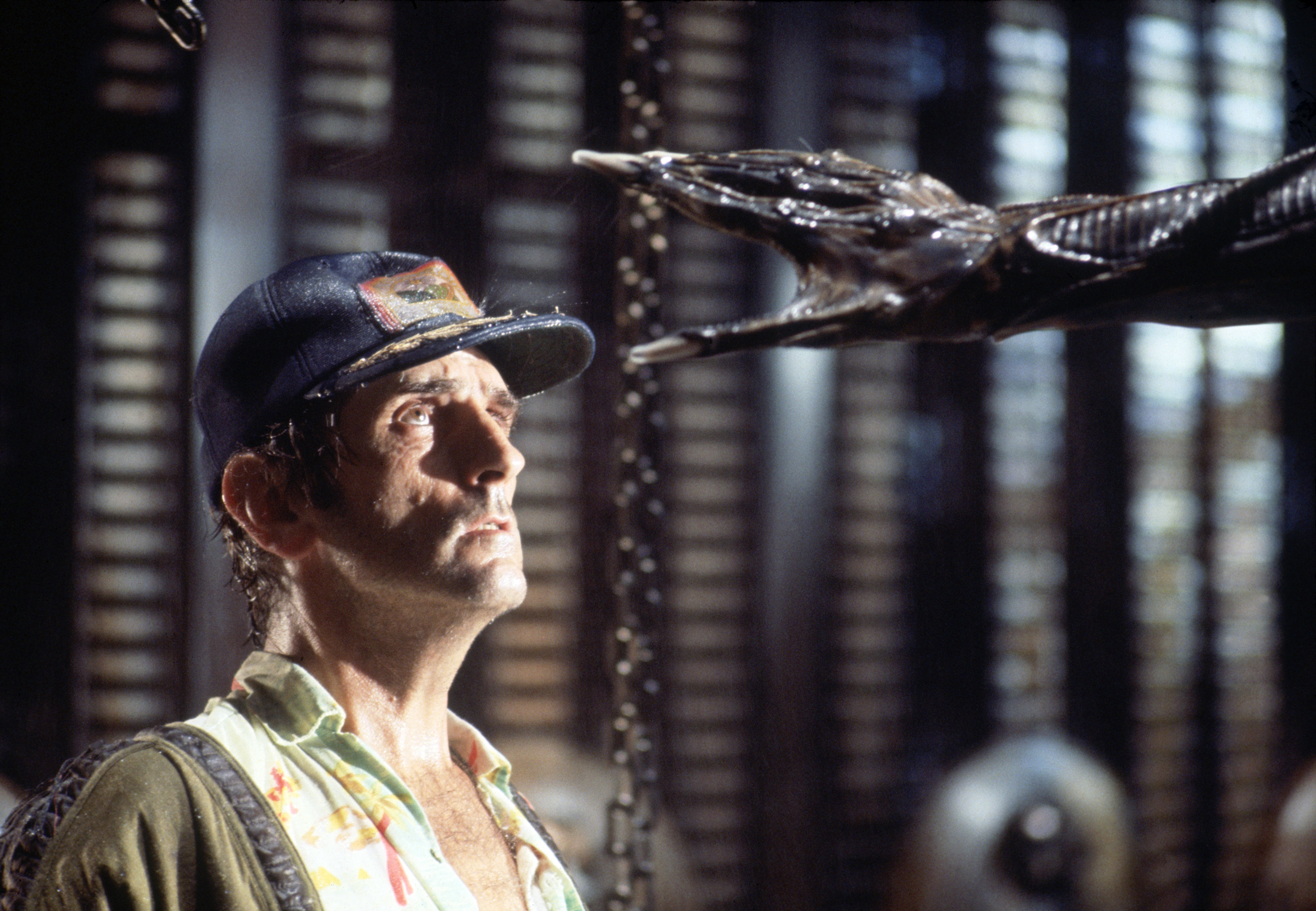 Harry Dean Stanton looks intently at a mechanical creature in a suspenseful scene